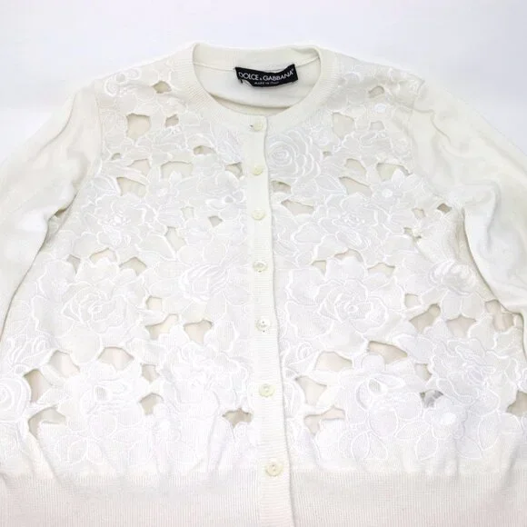 Dolce & Gabbana Small 42 White Cardigan Sweater Floral Knit